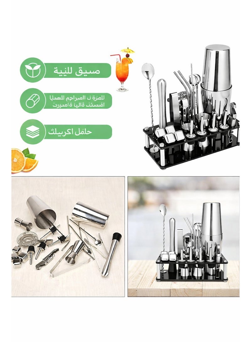 دائرة مربعة طقم شيكر كوكتيل من الستانلس ستيل 23 قطعة مع حامل أكريليك – أدوات بار احترافية لتحضير المشروبات في المنزل والحفلات - Image 3